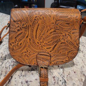 Nu G Vegan Leather Tooled Floral Saddle Crossbody Bag